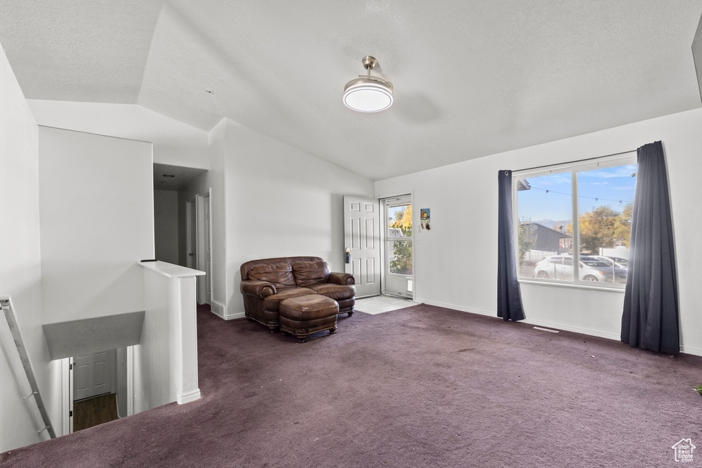 Living area featuring dark colored carpet and vaulted ceiling