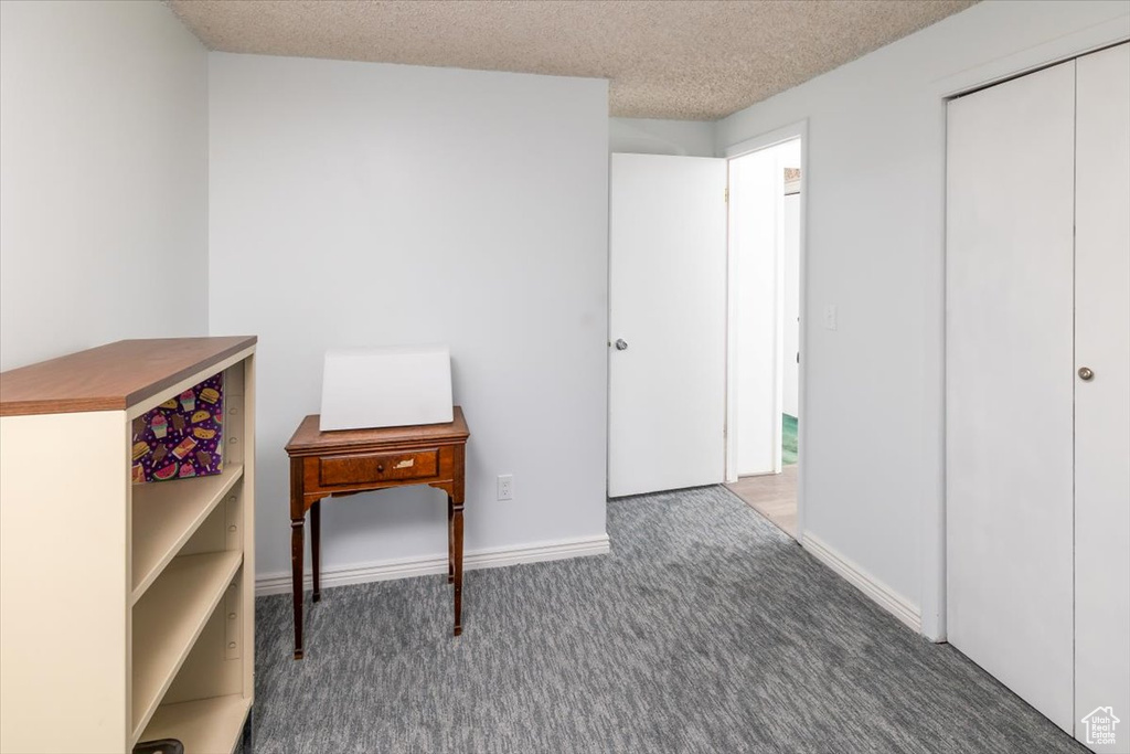 Unfurnished office with a textured ceiling and carpet