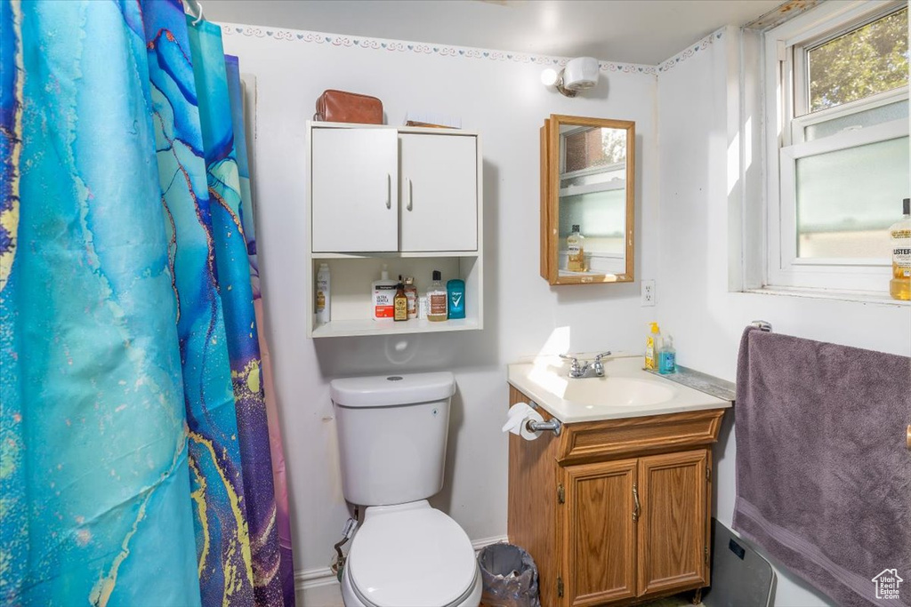 Bathroom featuring a shower with curtain, toilet, and vanity