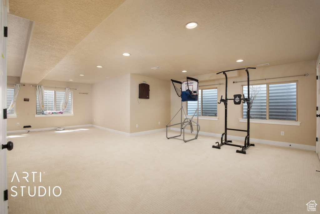 Workout room featuring carpet and a textured ceiling