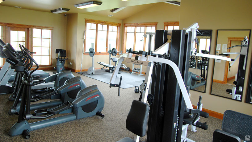 Exercise room with lofted ceiling and a wealth of natural light