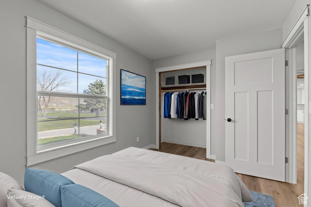 Bedroom featuring multiple windows, light wood-style flooring, a closet, and baseboards
