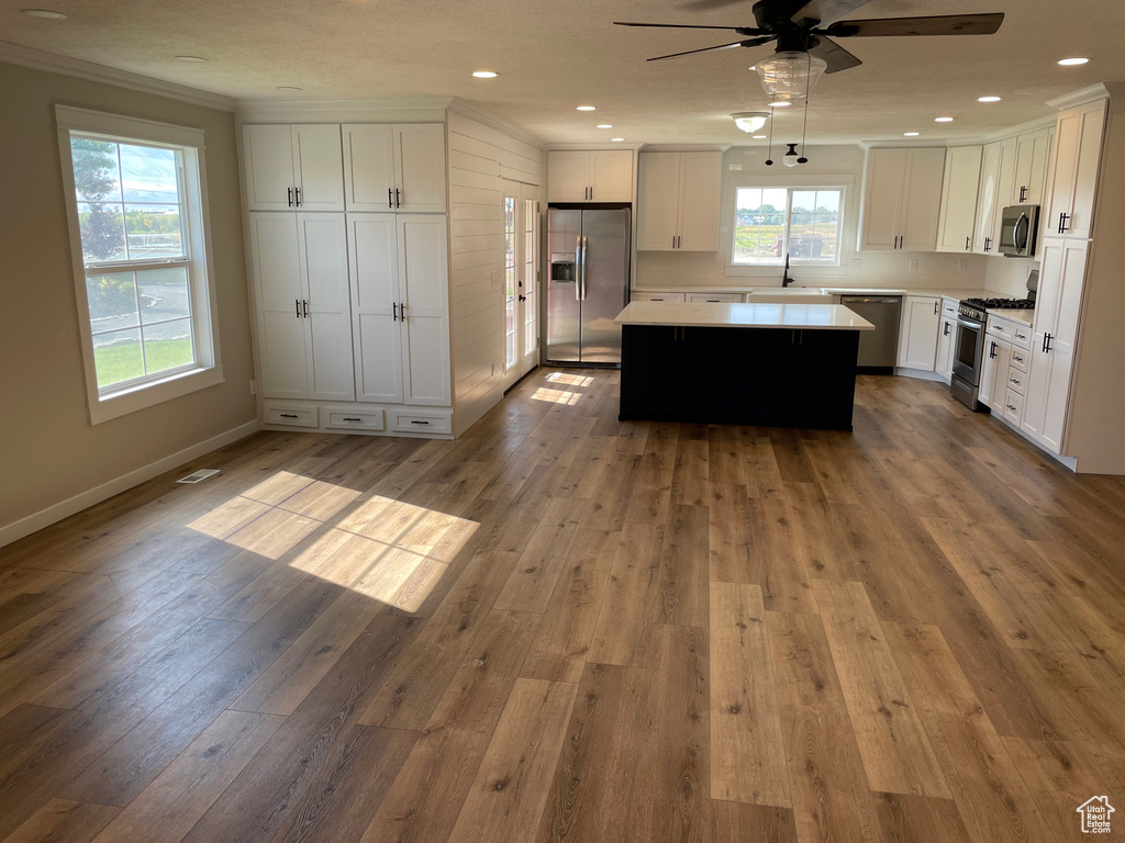 Kitchen featuring appliances with stainless steel finishes, light hardwood / wood-style flooring, a center island, and white cabinets