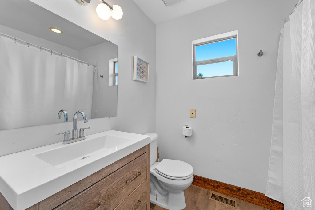 Bathroom featuring vanity, toilet, and wood-type flooring