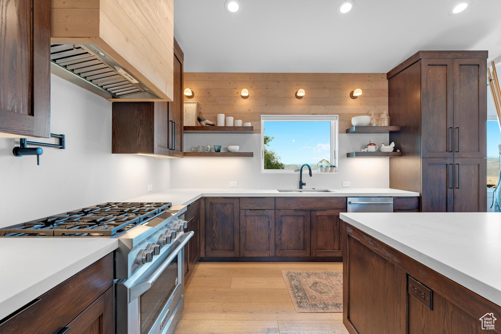 Kitchen featuring light wood-type flooring, dark brown cabinets, stainless steel appliances, premium range hood, and sink