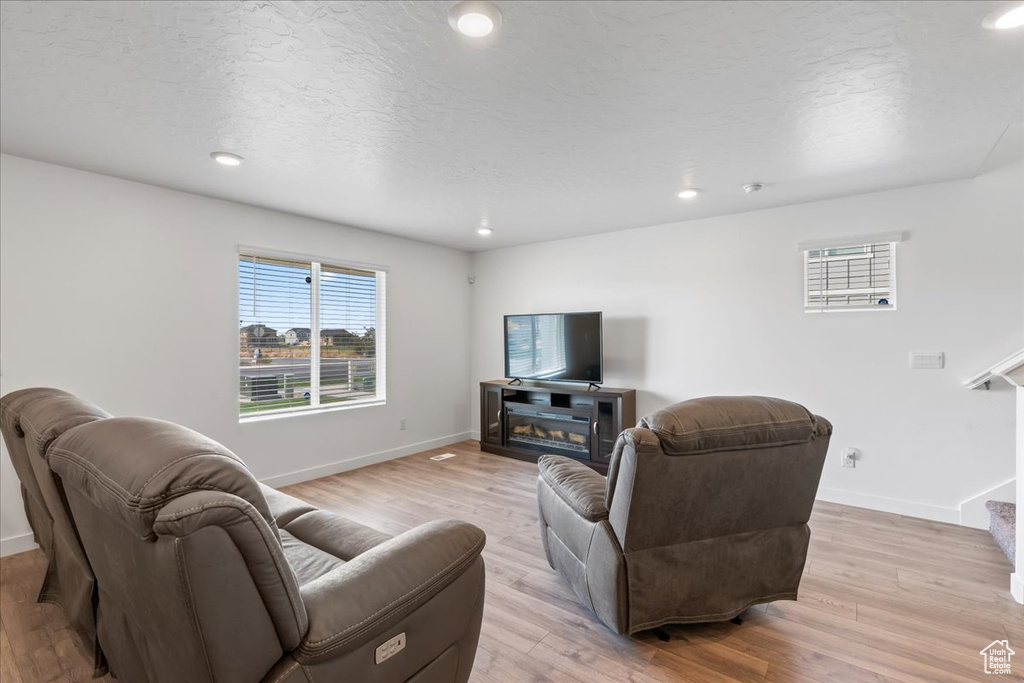 Living room featuring light wood-type flooring and a textured ceiling