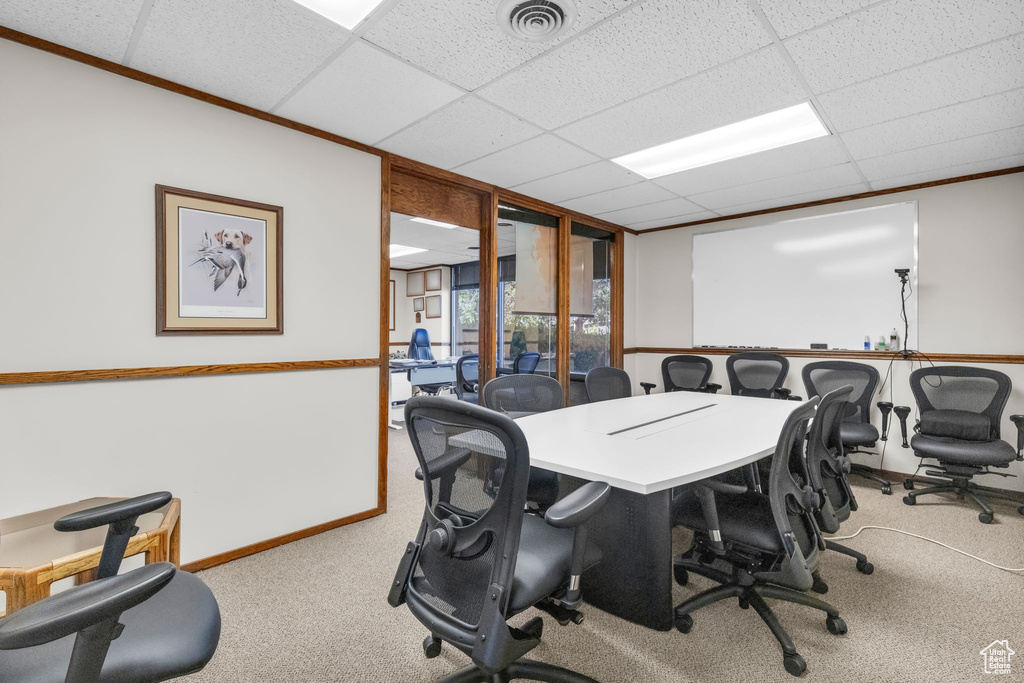 Home office featuring ornamental molding, a paneled ceiling, and carpet flooring