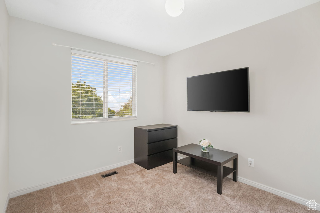 Sitting room featuring light carpet