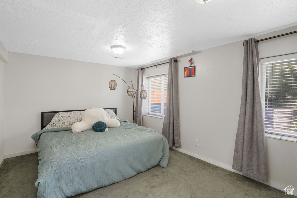 Bedroom with a textured ceiling and carpet