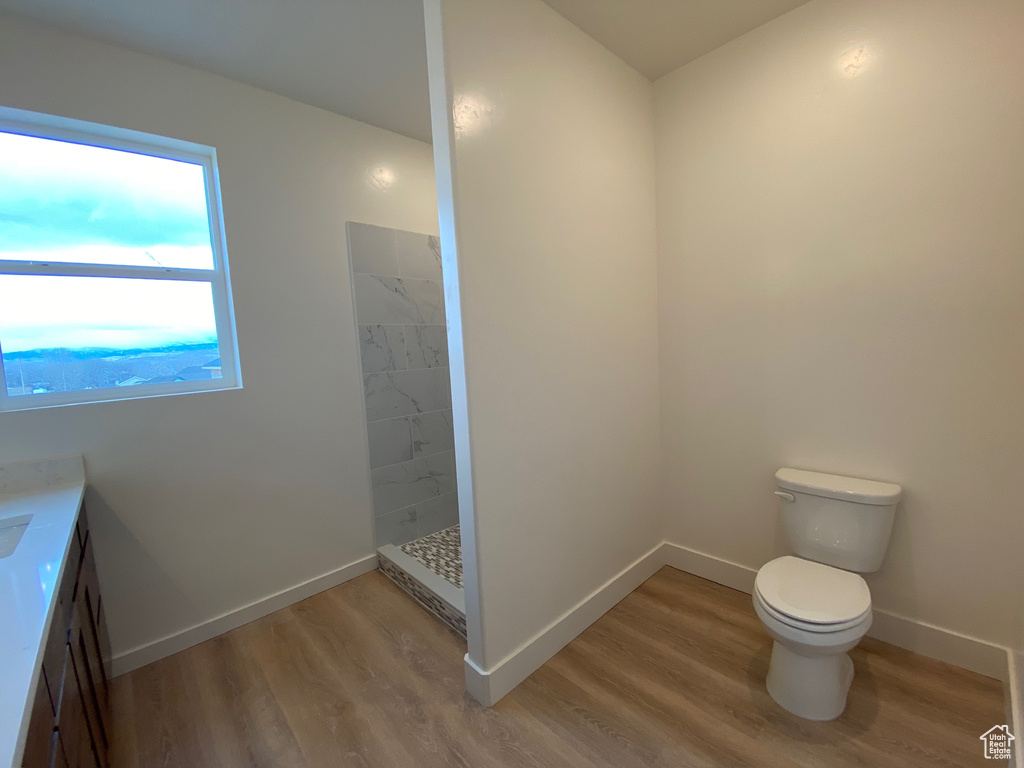 Bathroom with vanity, toilet, hardwood / wood-style flooring, and a tile shower