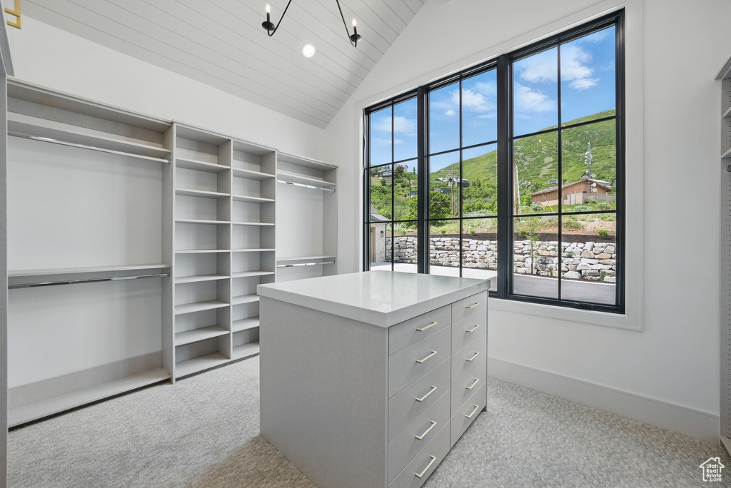 Spacious closet with light carpet and lofted ceiling