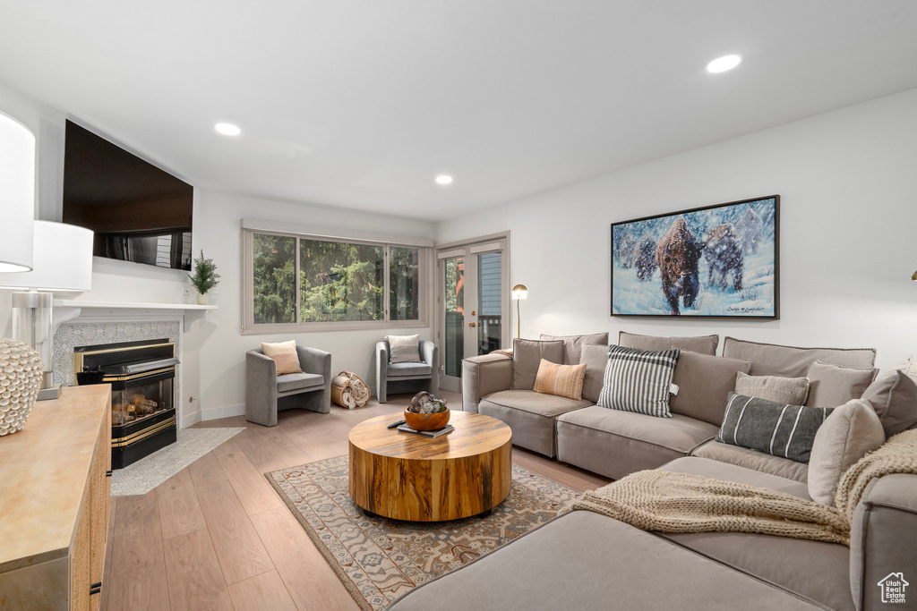 Living room with a premium fireplace and light hardwood / wood-style flooring