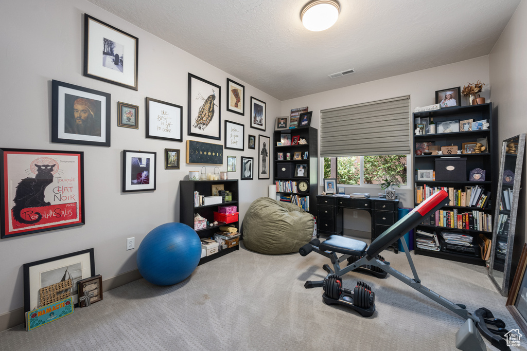 Exercise room with a textured ceiling and carpet flooring