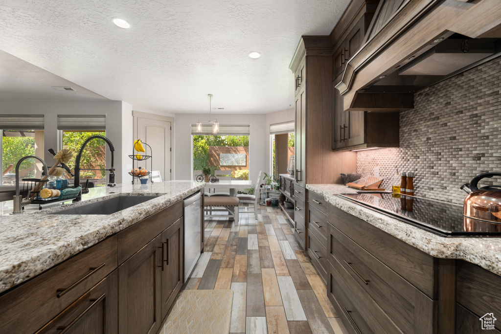 Kitchen with hanging light fixtures, light stone countertops, light hardwood / wood-style floors, and a healthy amount of sunlight