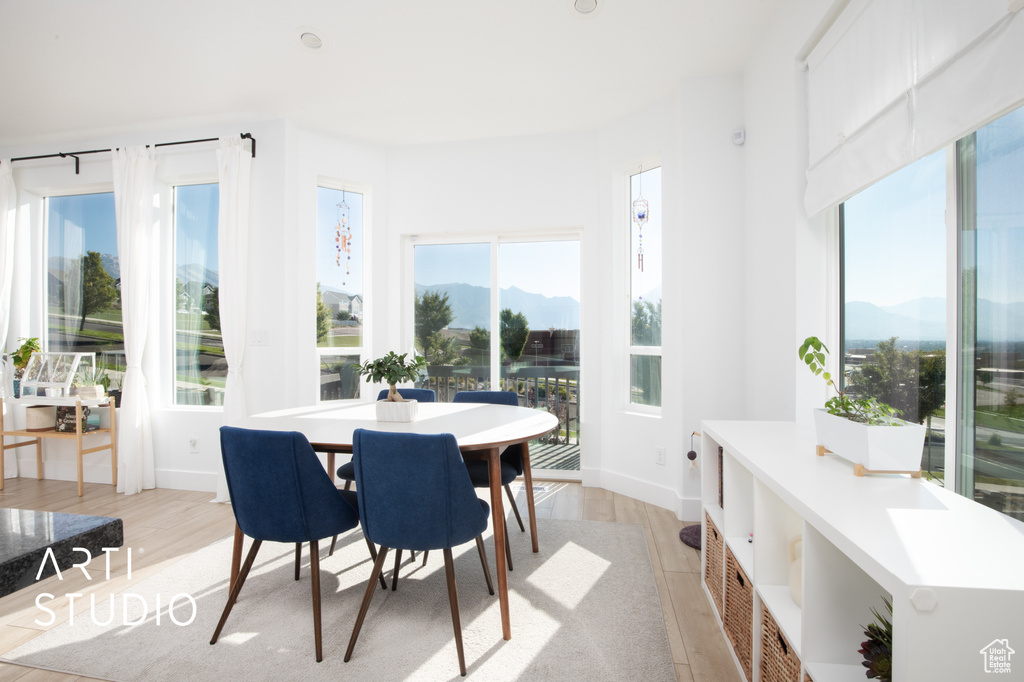 Dining space featuring a mountain view and light hardwood / wood-style floors