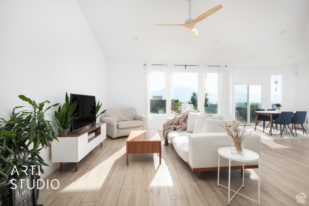 Living room featuring ceiling fan and light hardwood / wood-style floors