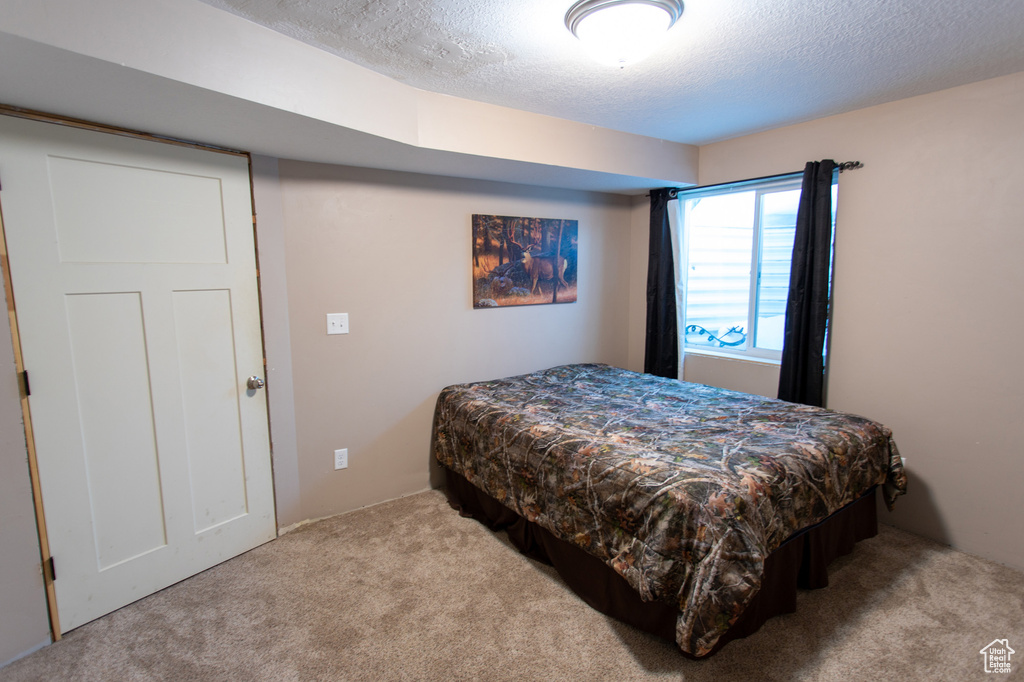 Bedroom with carpet and a textured ceiling