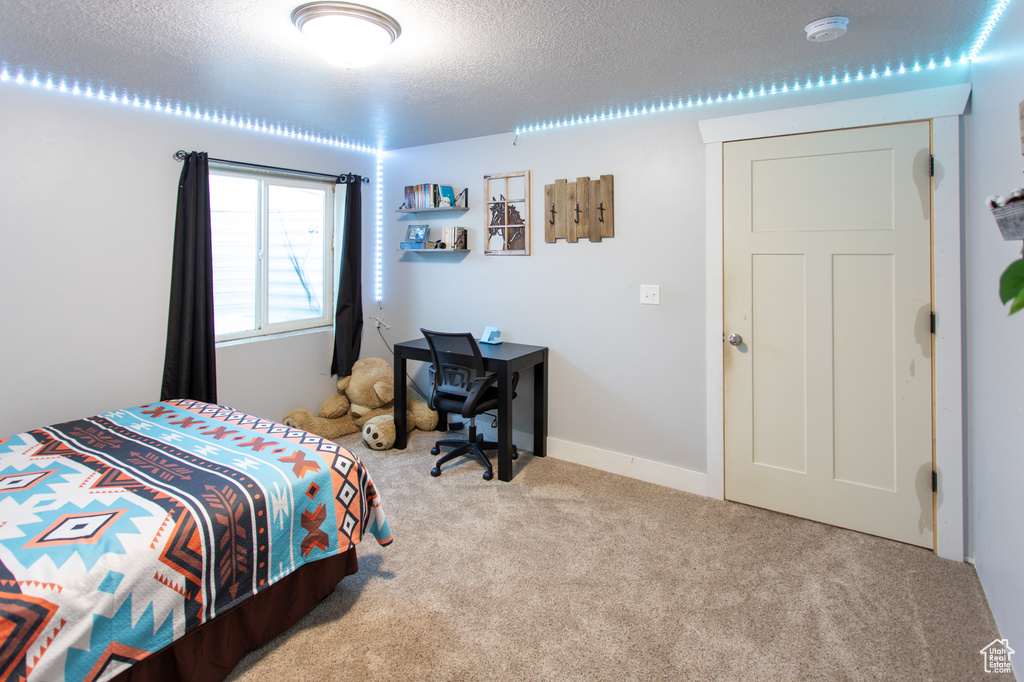 Carpeted bedroom featuring a textured ceiling