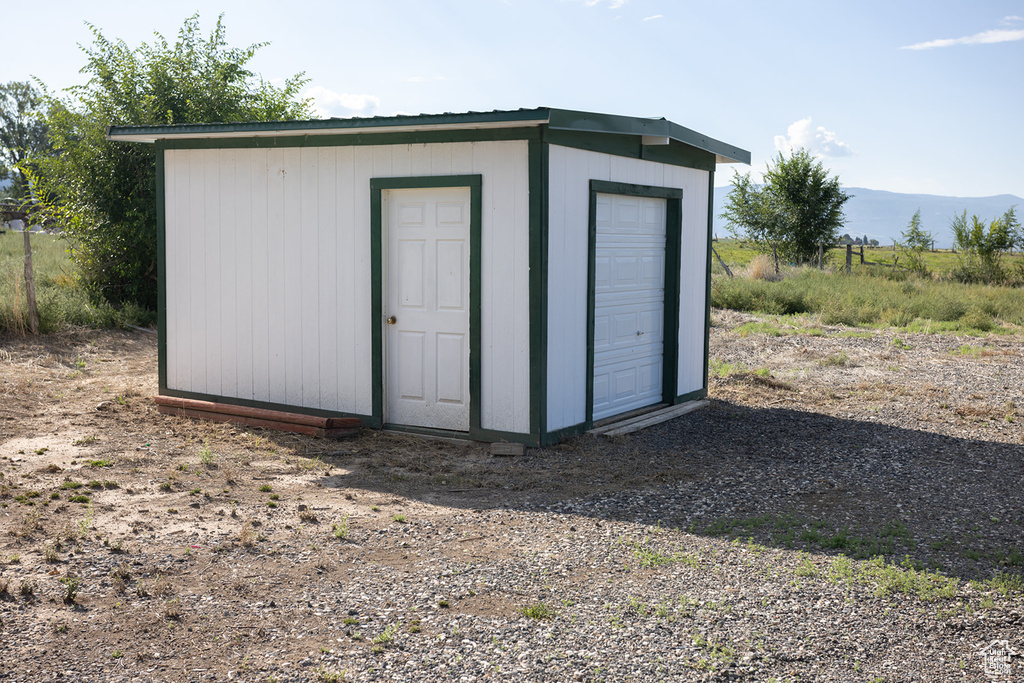 View of outdoor structure featuring a mountain view