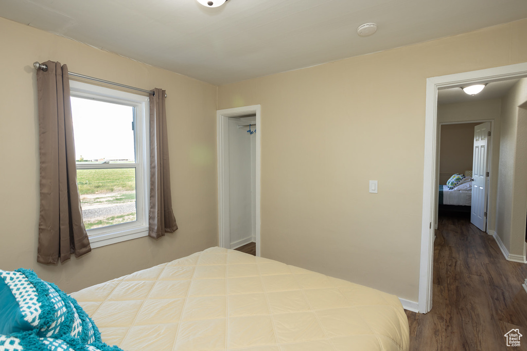 Bedroom with dark hardwood / wood-style flooring