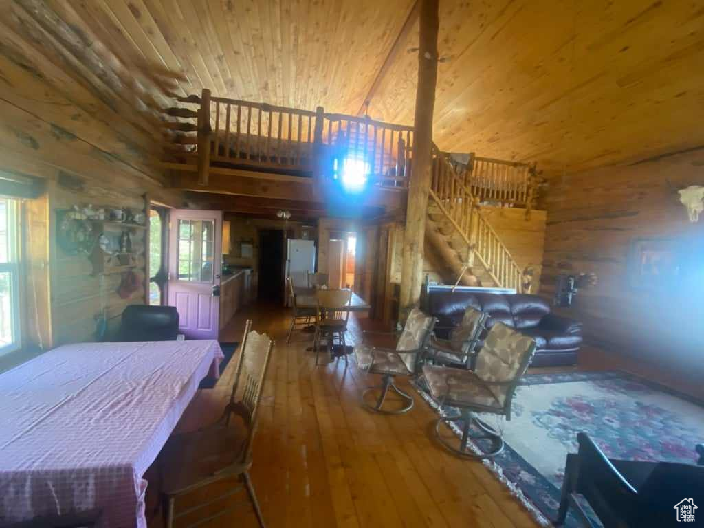 Bedroom with wooden ceiling, hardwood / wood-style floors, and wood walls