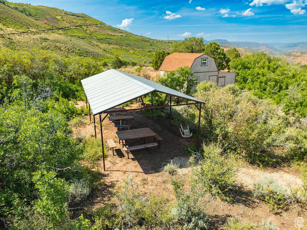 Aerial view featuring a mountain view