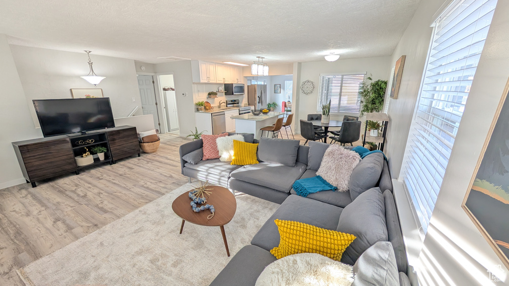 Living room featuring a textured ceiling and light hardwood / wood-style flooring