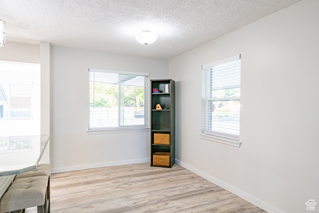 Unfurnished room featuring light wood-type flooring, a wealth of natural light, and a textured ceiling