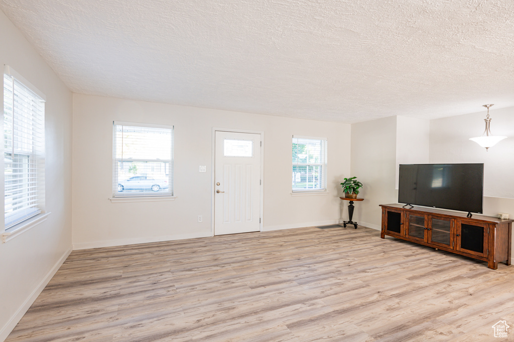 Entrance foyer with plenty of natural light, light hardwood / wood-style flooring, and a textured ceiling