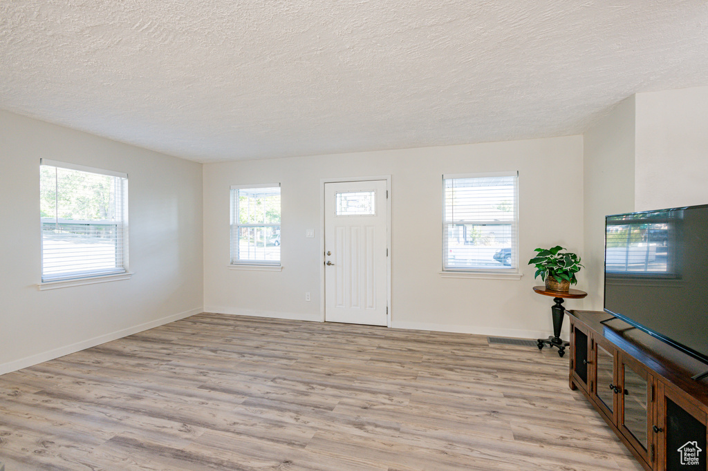 Entrance foyer featuring a textured ceiling, plenty of natural light, and light hardwood / wood-style floors