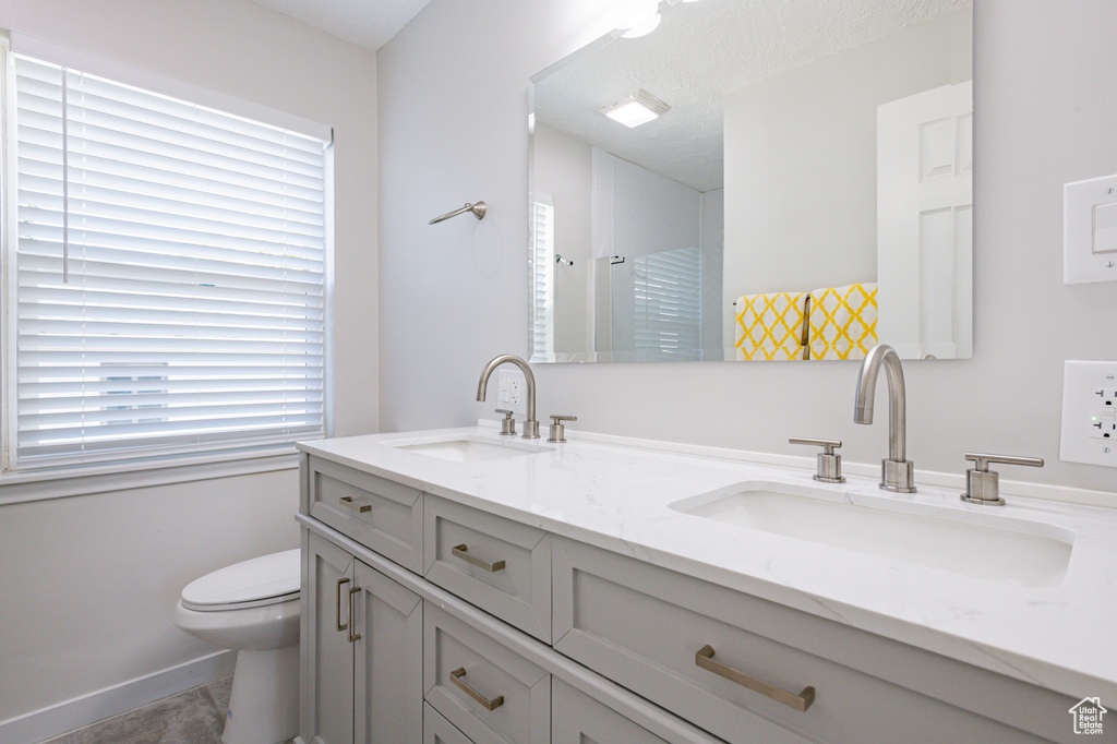 Bathroom featuring vanity, toilet, and walk in shower