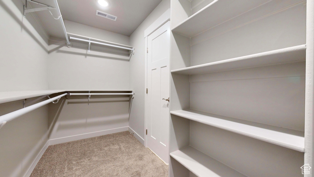 Walk in closet featuring light carpet