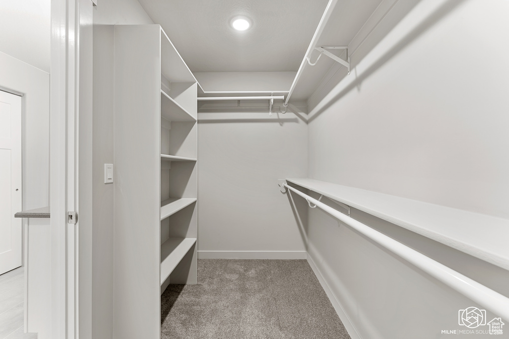 Walk in closet with light colored carpet