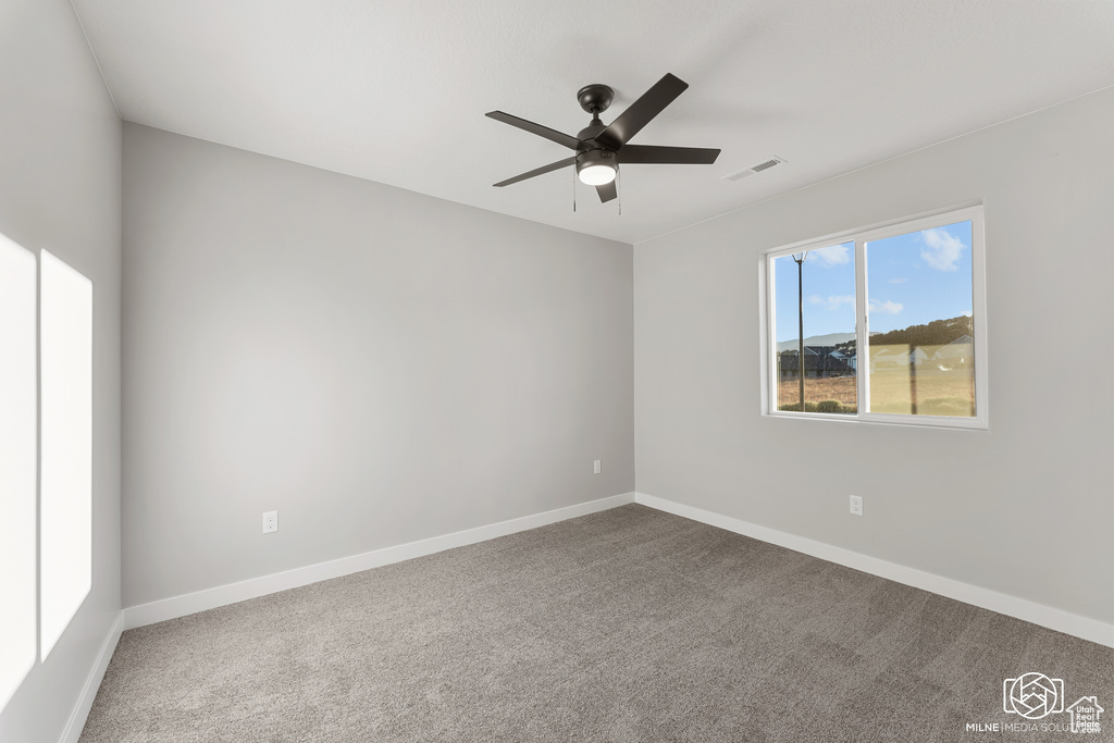 Carpeted spare room with ceiling fan