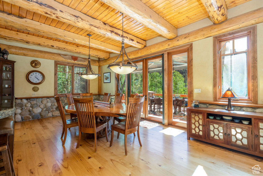 Dining area featuring a wealth of natural light, light hardwood / wood-style flooring, beamed ceiling, and wooden ceiling