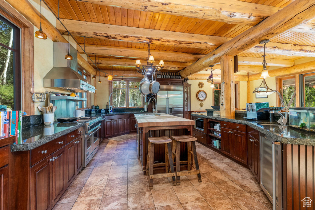 Kitchen with pendant lighting, beamed ceiling, built in appliances, an island with sink, and island exhaust hood