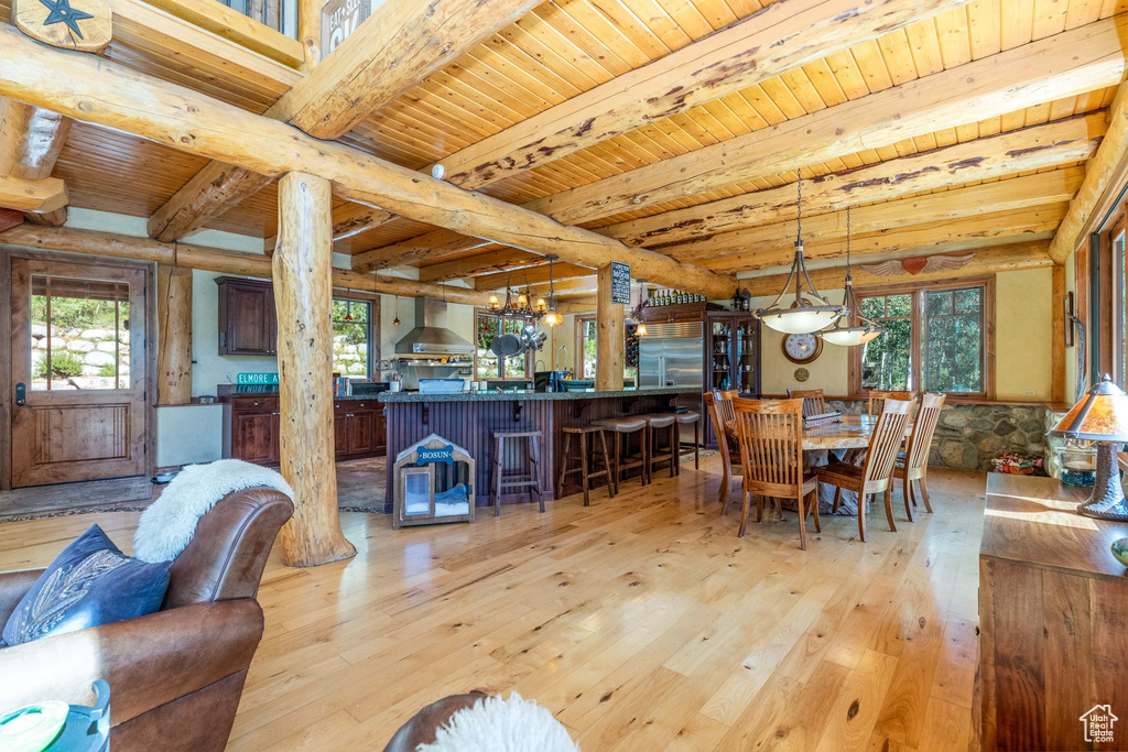 Dining area with light hardwood / wood-style floors, beamed ceiling, and wooden ceiling