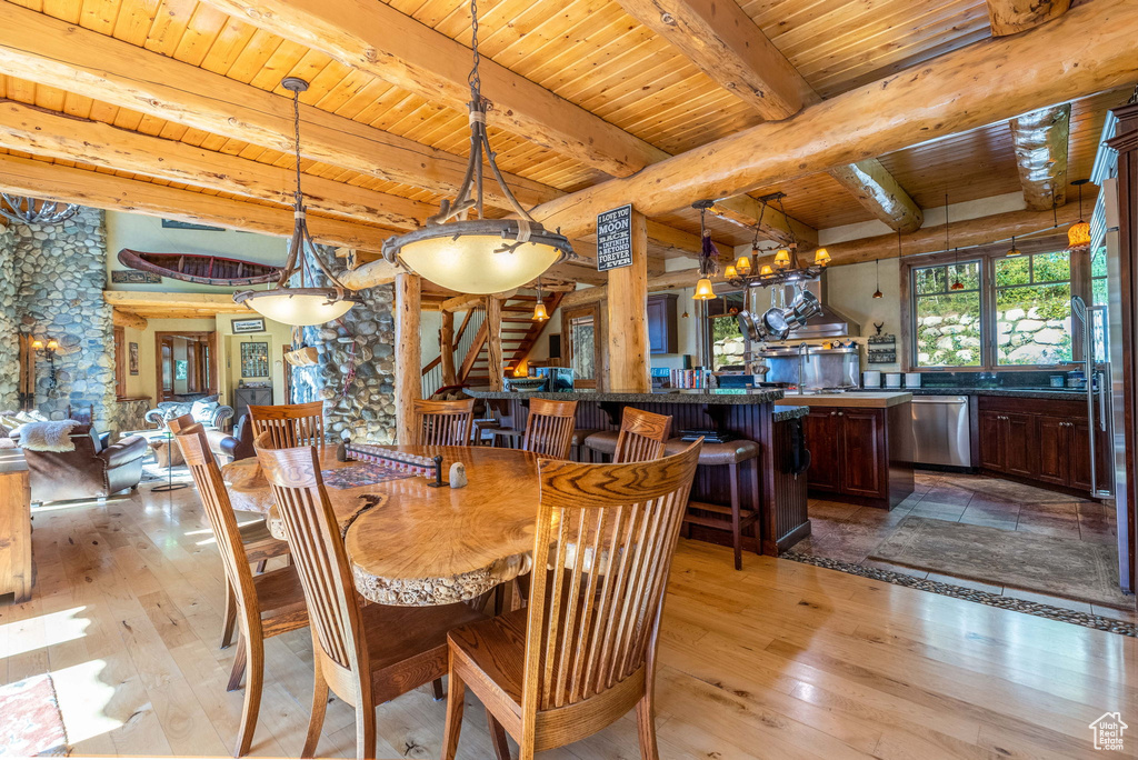 Dining area featuring wooden ceiling, beam ceiling, and light hardwood / wood-style floors