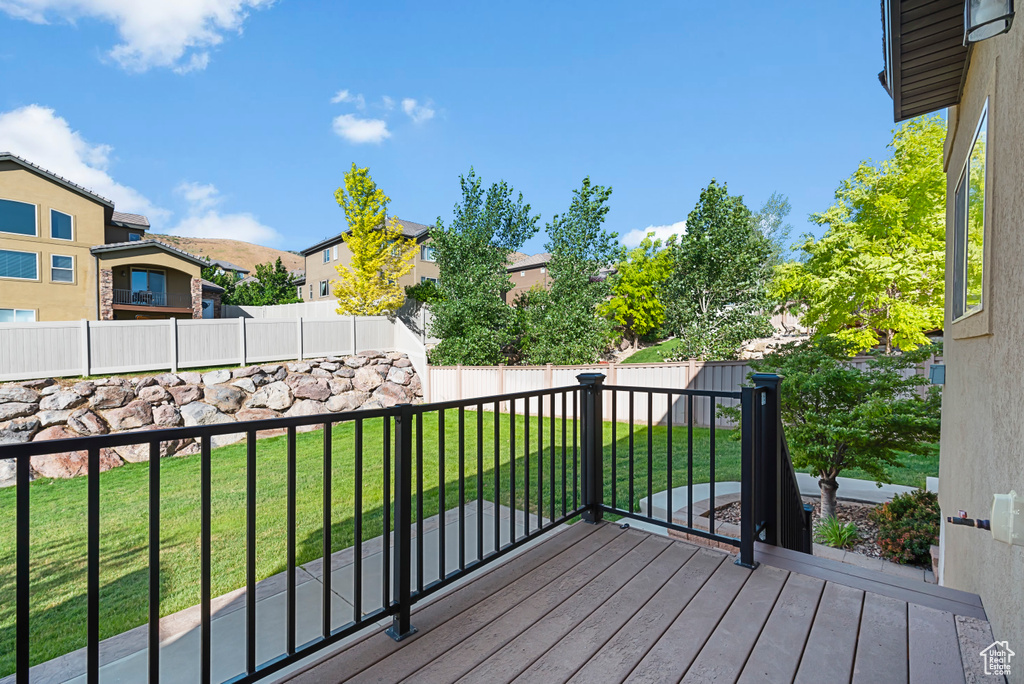 Wooden terrace featuring a lawn