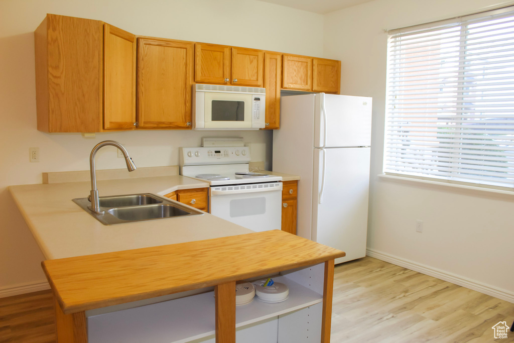 Kitchen featuring white appliances, kitchen peninsula, sink, and light wood-type flooring