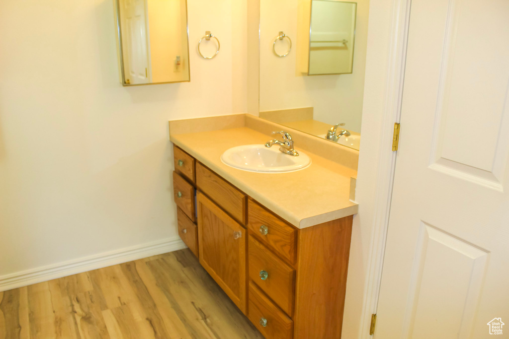 Bathroom with vanity and wood-type flooring