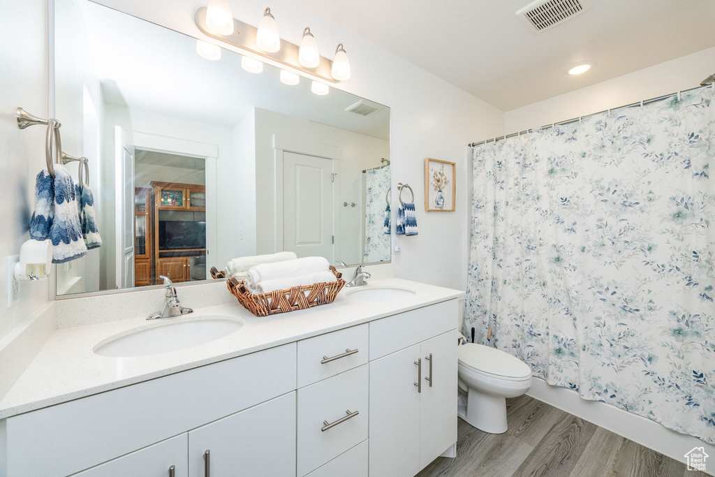 Bathroom featuring vanity, toilet, wood-type flooring, and curtained shower