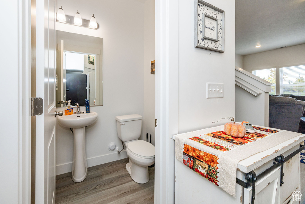 Bathroom with toilet, hardwood / wood-style floors, and sink