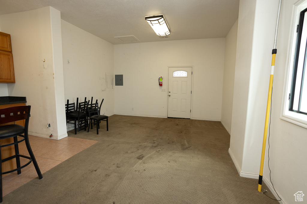Entrance foyer featuring electric panel and light colored carpet