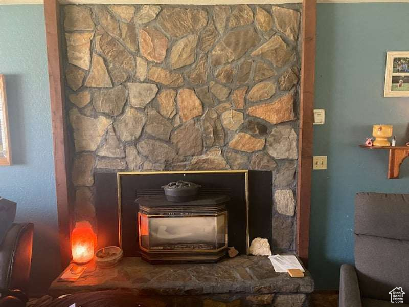 Room details featuring a fireplace and a wood stove