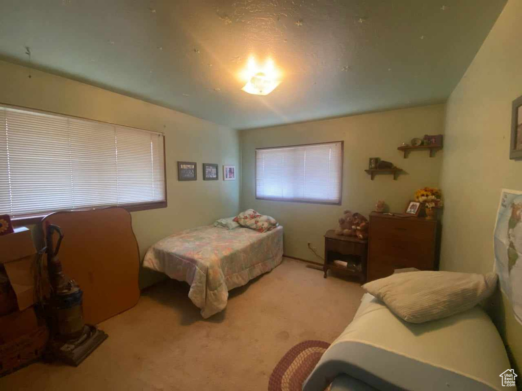 Bedroom featuring light carpet