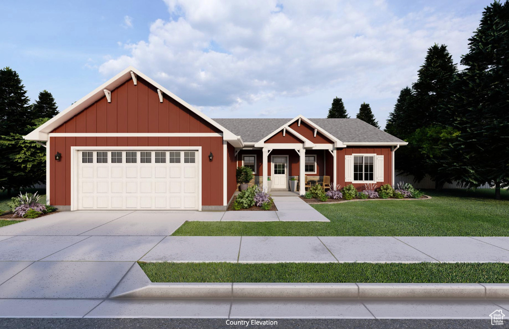 Craftsman-style house with a front yard and a garage