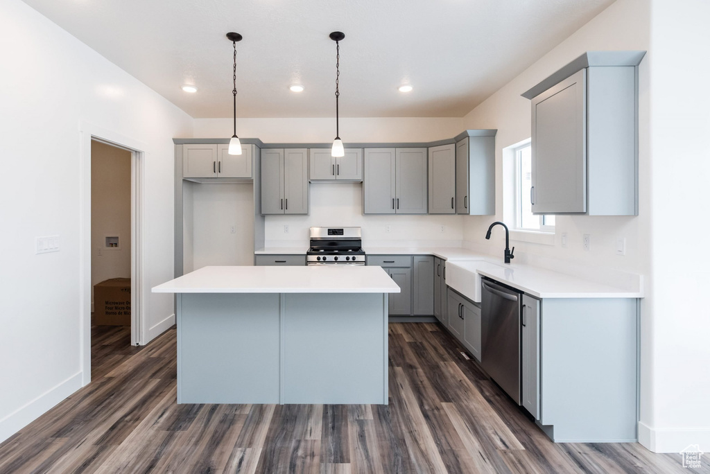 Kitchen with a kitchen island, gray cabinetry, dark wood-type flooring, stainless steel appliances, and sink