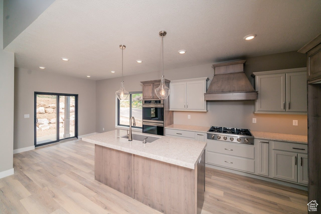 Kitchen featuring light hardwood / wood-style flooring, stainless steel appliances, sink, premium range hood, and an island with sink