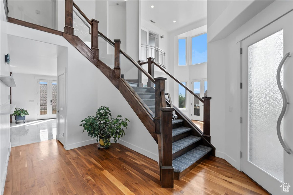 Foyer entrance with a high ceiling and wood-type flooring